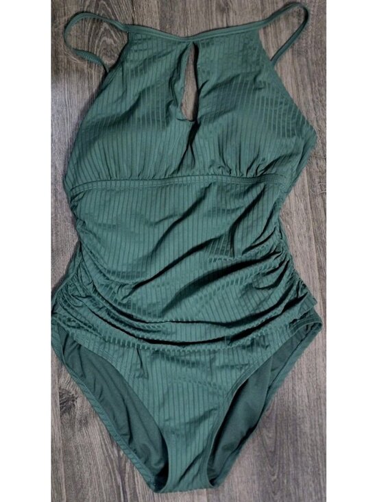 Ellen Tracy Other - Ellen Tracy Green One-Piece Swimsuit High Neck Keyhole Ruched Women's Size 14